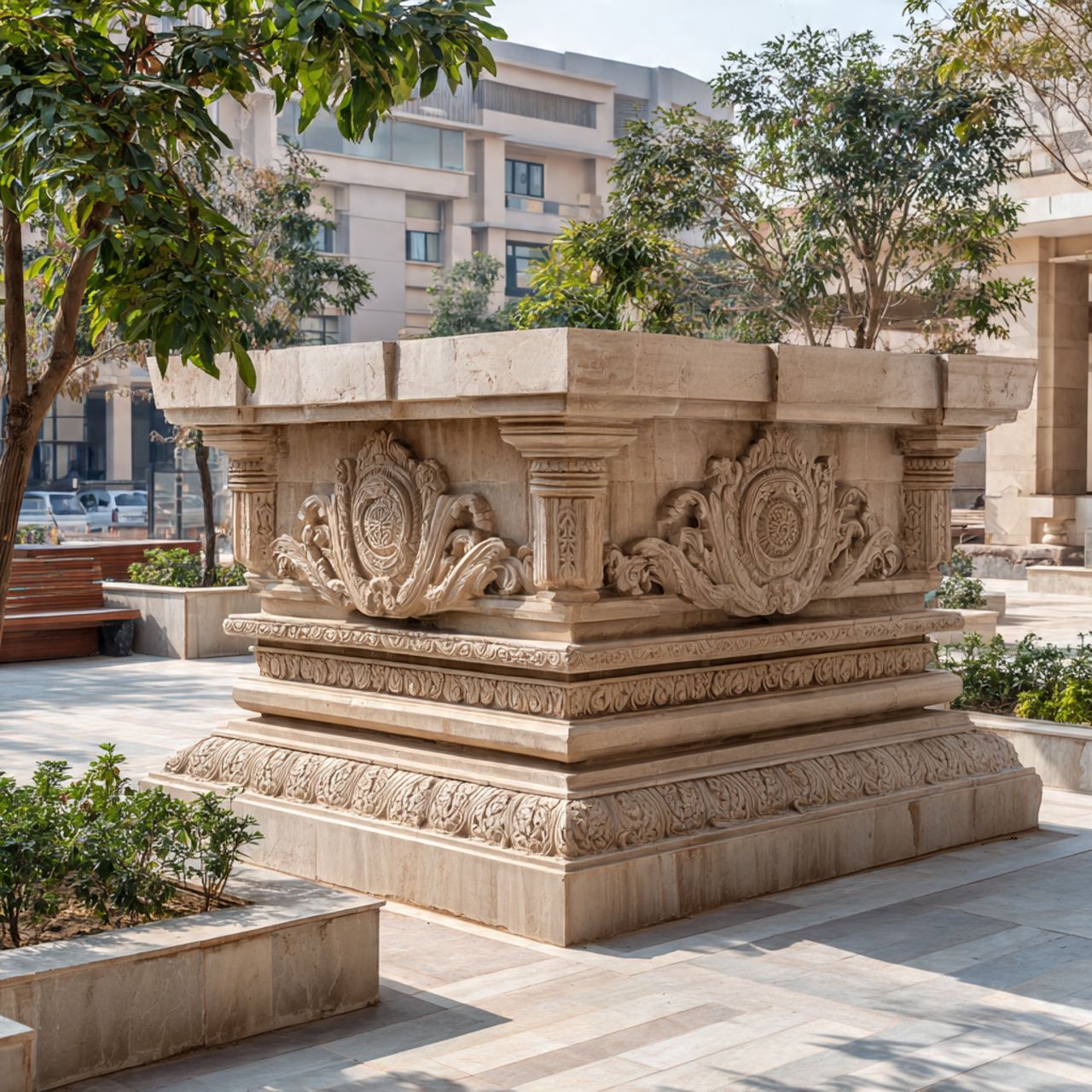 Elevated stone platform chabutra