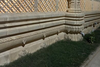 **Stone Jagti (Plinth): A Foundation of Strength and Heritage** The **stone jagti** (plinth) is a crucial element in traditional Indian architecture, serving as the elevated foundation of temples, palaces, and havelis. Made from sturdy stone, the jagti provides stability, protects the structure from moisture, and elevates the building above ground level. Often intricately carved, the stone jagti adds aesthetic value while ensuring durability. This architectural feature is deeply rooted in **Vastu Shastra**, aligning the building with cosmic energy. At Devalaya Art, we specialize in crafting custom stone jagtis that combine both strength and beauty, offering a solid foundation for any heritage-inspired structure.